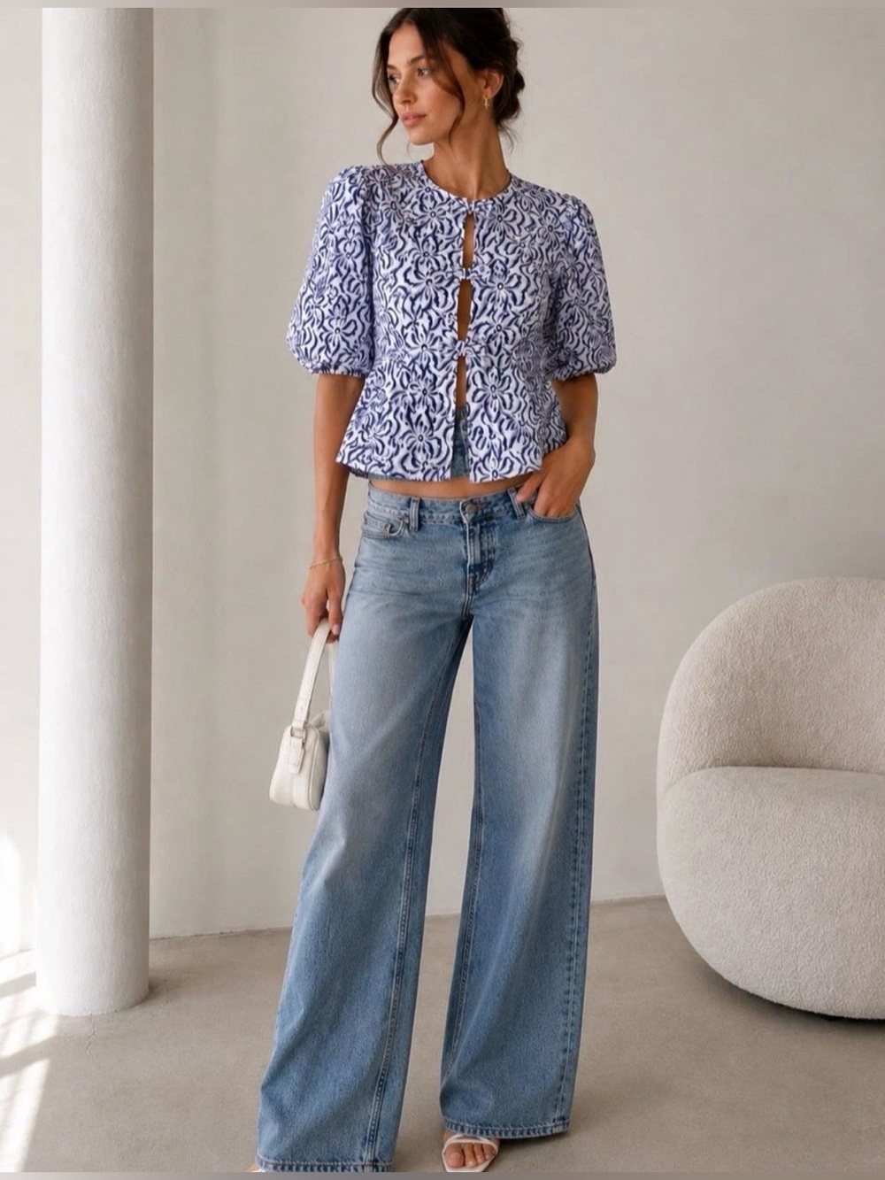 GANNI Printed Self Tie Peplum Blouse Egret Organic Cotton Puff Sleeve Sz 6
